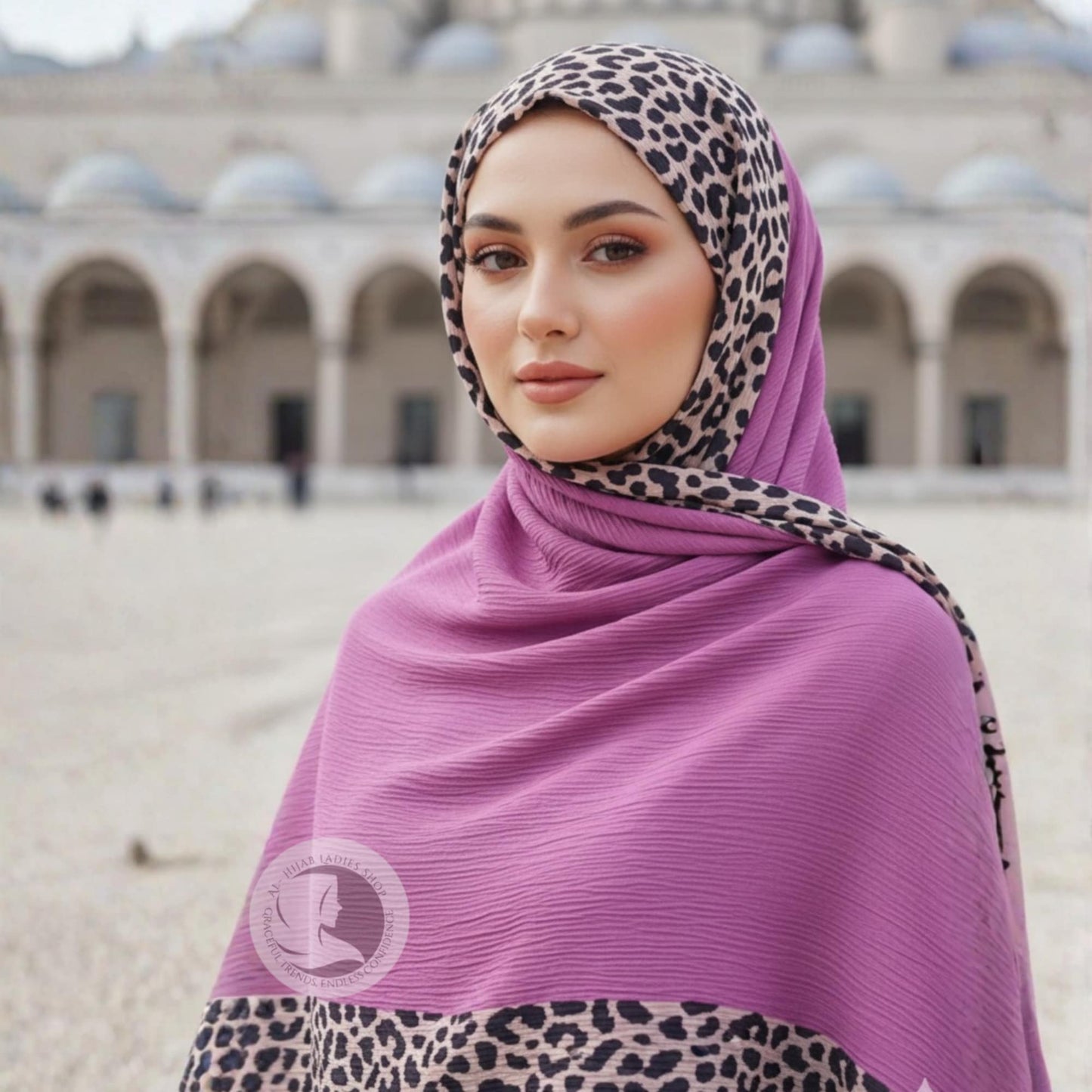 Crinkle Chiffon Plain Hijab with Cheetah Print Border – Lightweight Elegant Scarf for Women