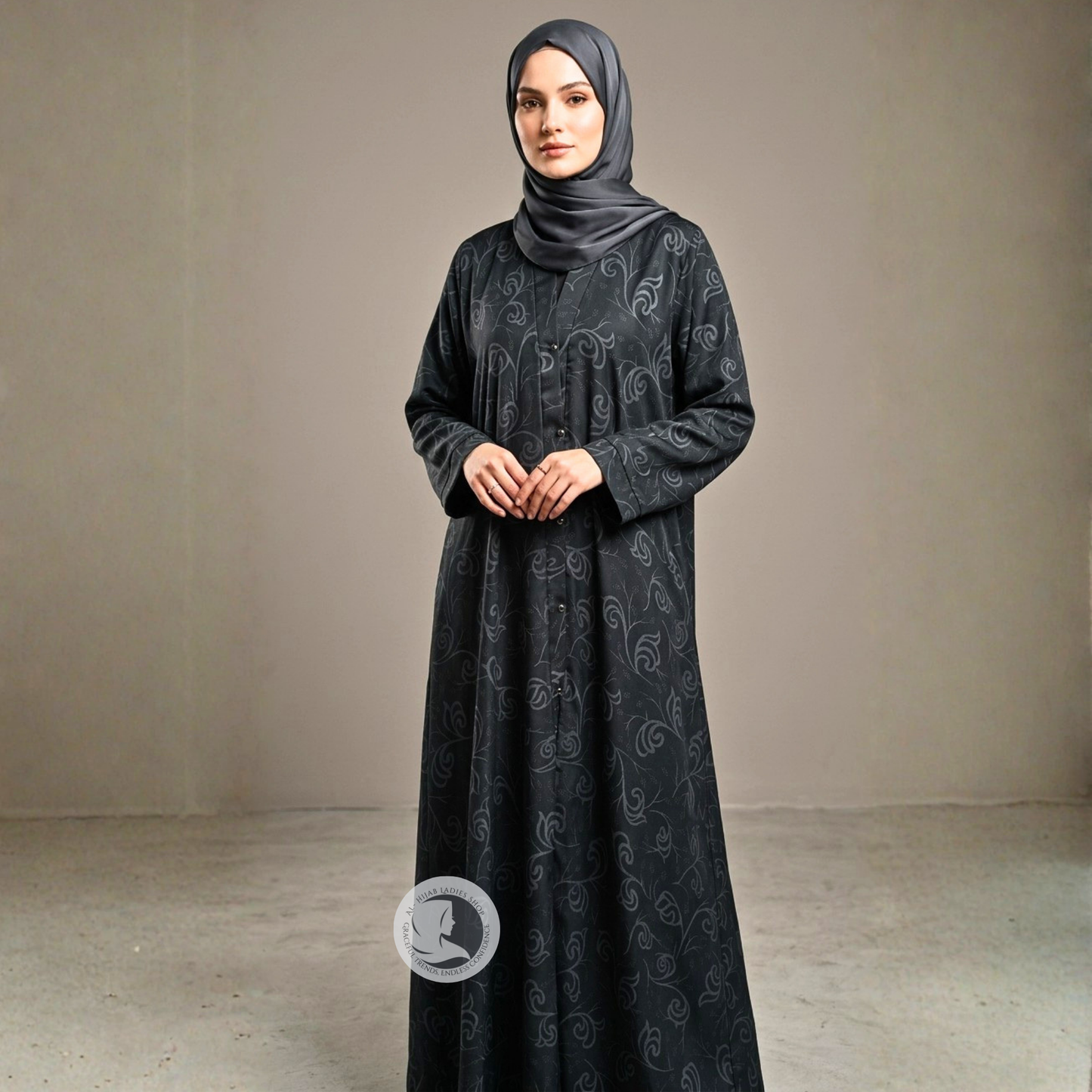 Black Self Printed Front Open Abaya – Premium Nida Fabric Modest Wear for Women
