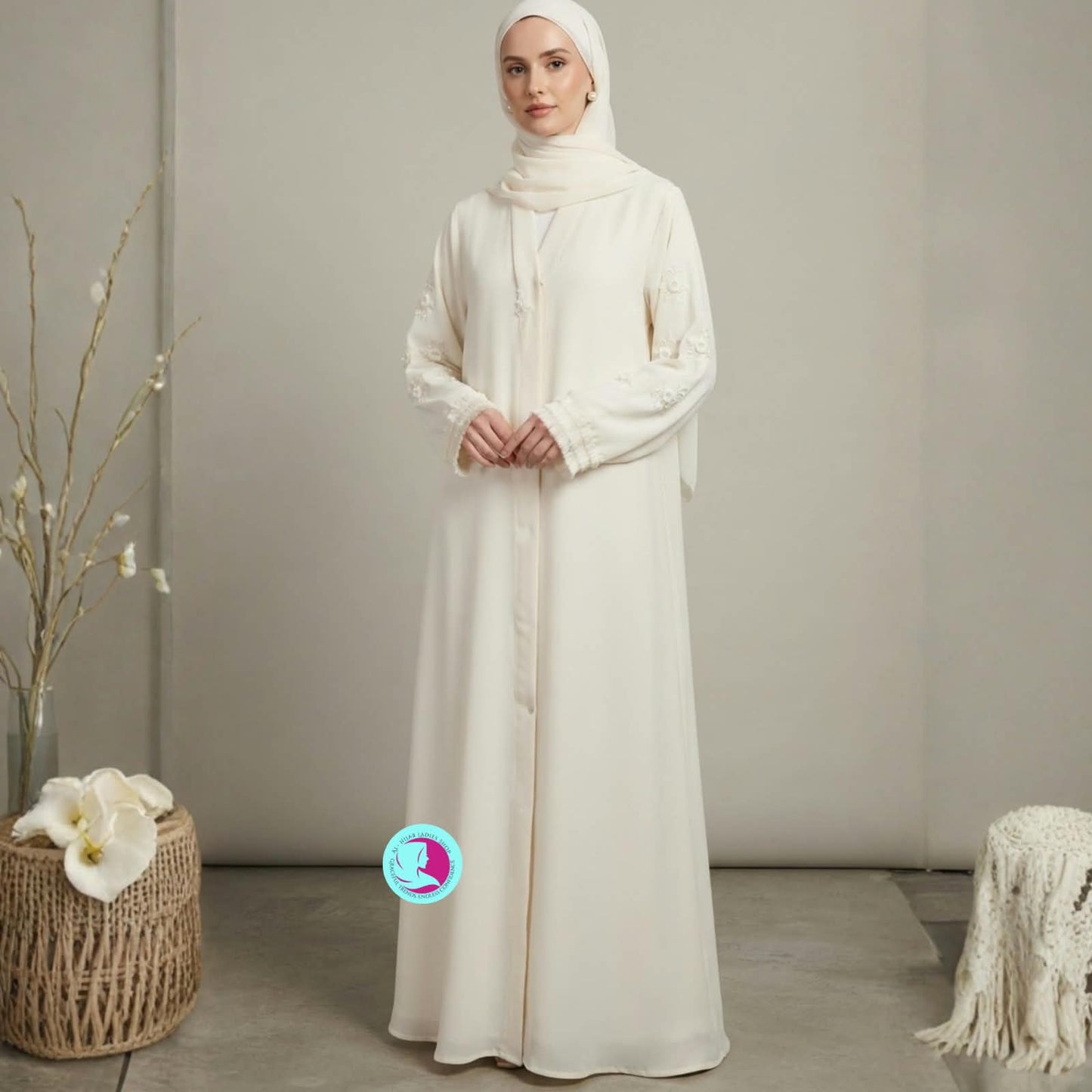 Handmade Cutdana Work Front Open Abaya – Premium Georgette Pastel Abaya with Matching Hijab