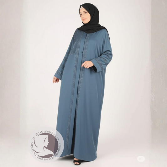 Fancy Misty Blue Abaya – Elegant Evening & Party Wear