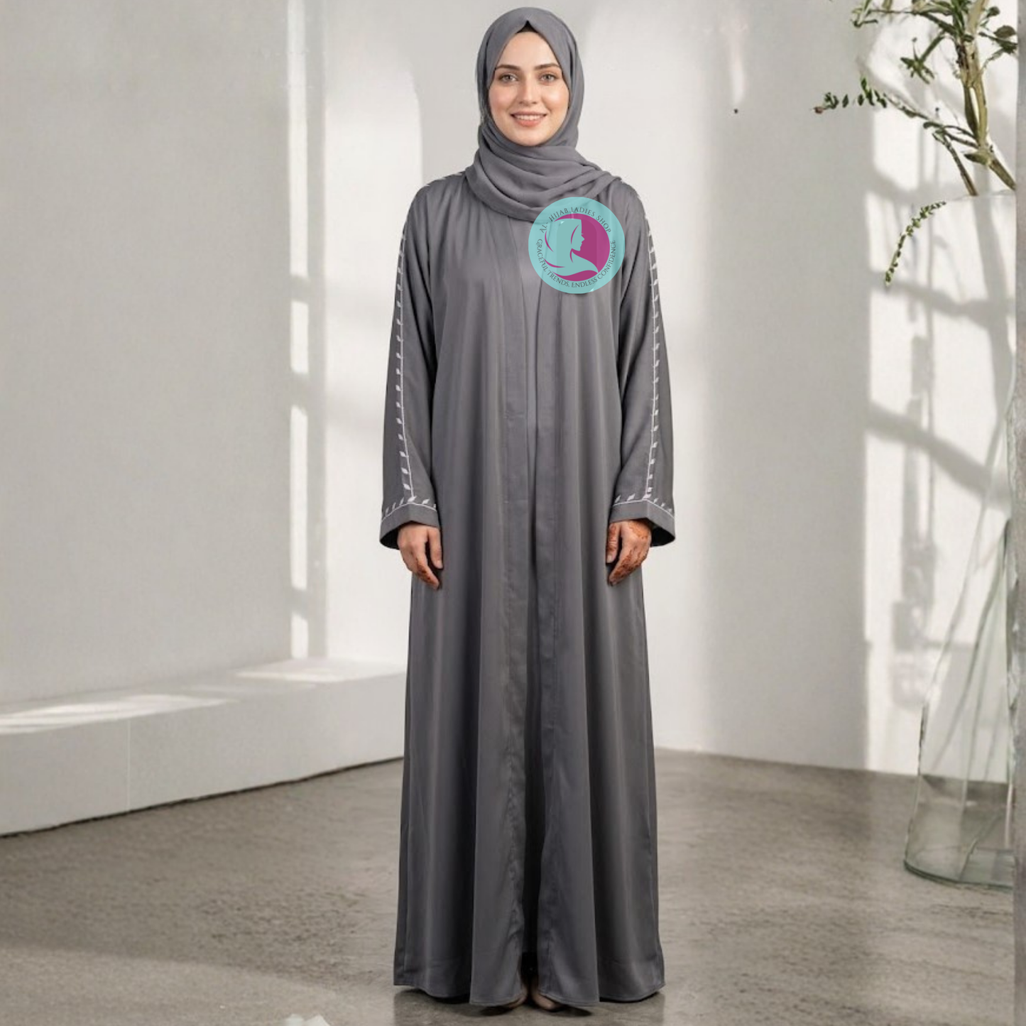 Front Open Embroidered Sleeves Abaya – Premium Romantic Nida Fabric | Elegant Modest Wear
