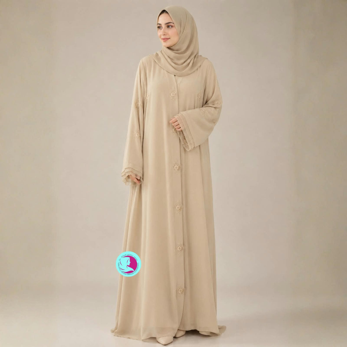 Handmade Cutdana Work Front Open Abaya – Premium Georgette Pastel Abaya with Matching Hijab