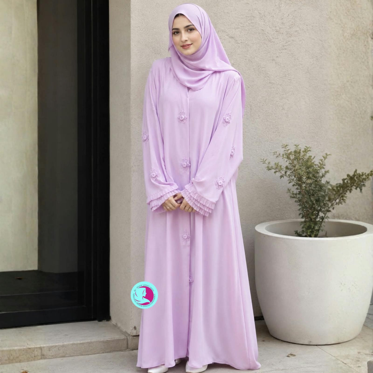 Handmade Cutdana Work Front Open Abaya – Premium Georgette Pastel Abaya with Matching Hijab