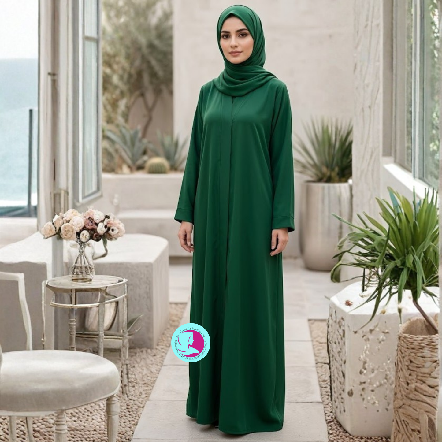 Front Open Moss Georgette Abaya | Elegant Modest Wear