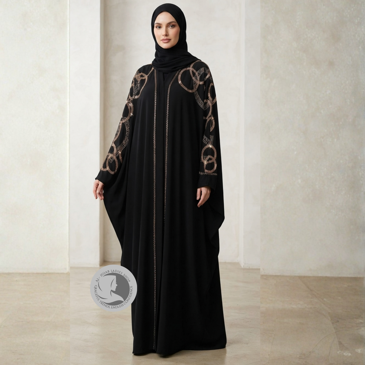 Luxury Front Open Butterfly Abaya with Stone Work – Romantic Nida Fabric