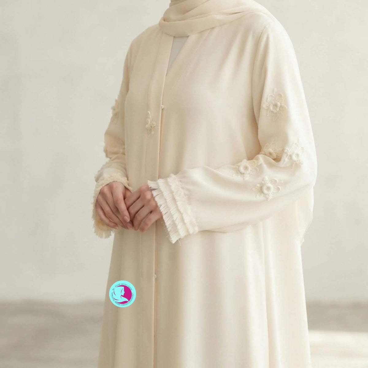 Handmade Cutdana Work Front Open Abaya – Premium Georgette Pastel Abaya with Matching Hijab