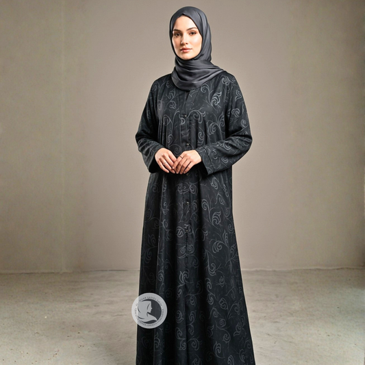 Black Self Printed Front Open Abaya – Premium Nida Fabric Modest Wear for Women