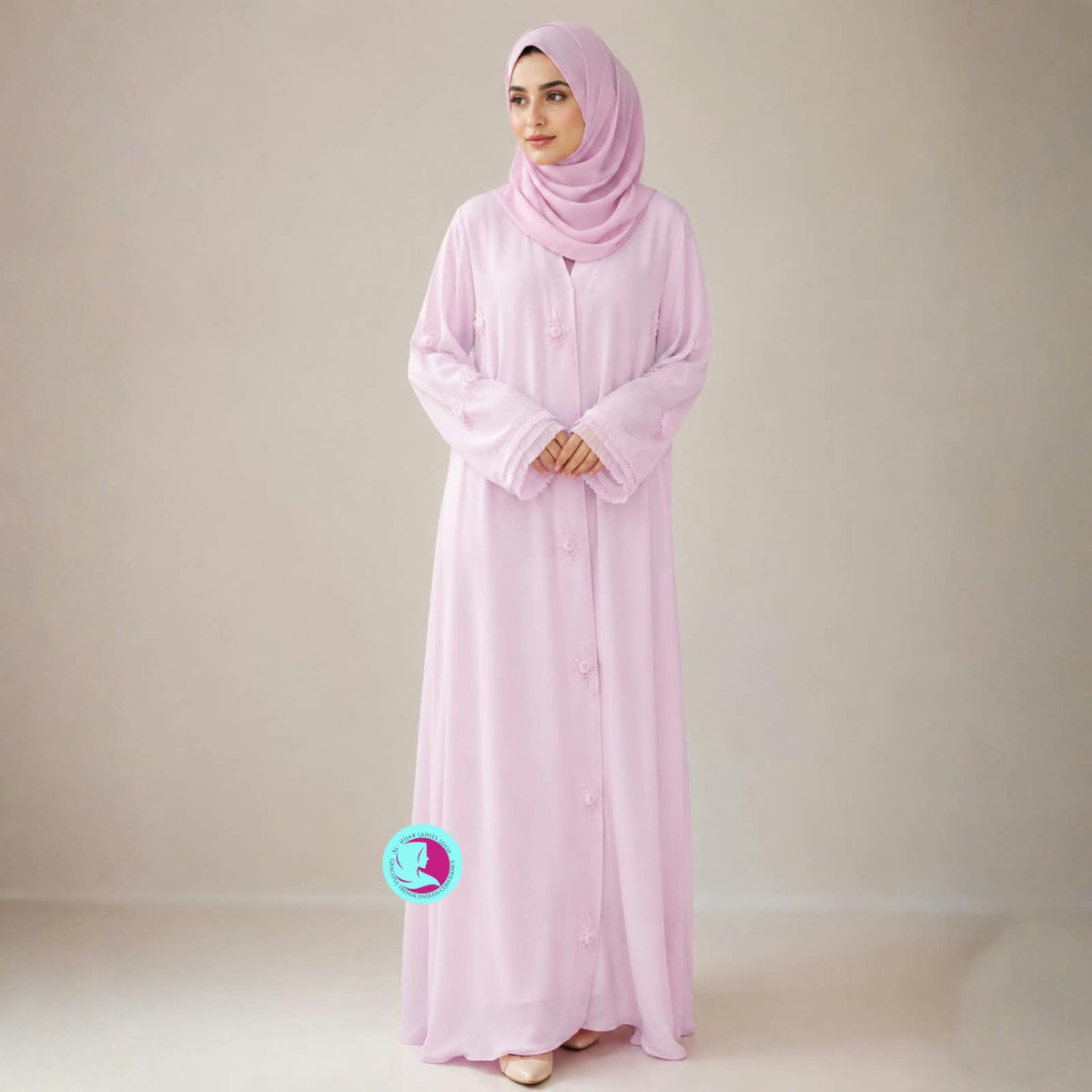 Handmade Cutdana Work Front Open Abaya – Premium Georgette Pastel Abaya with Matching Hijab