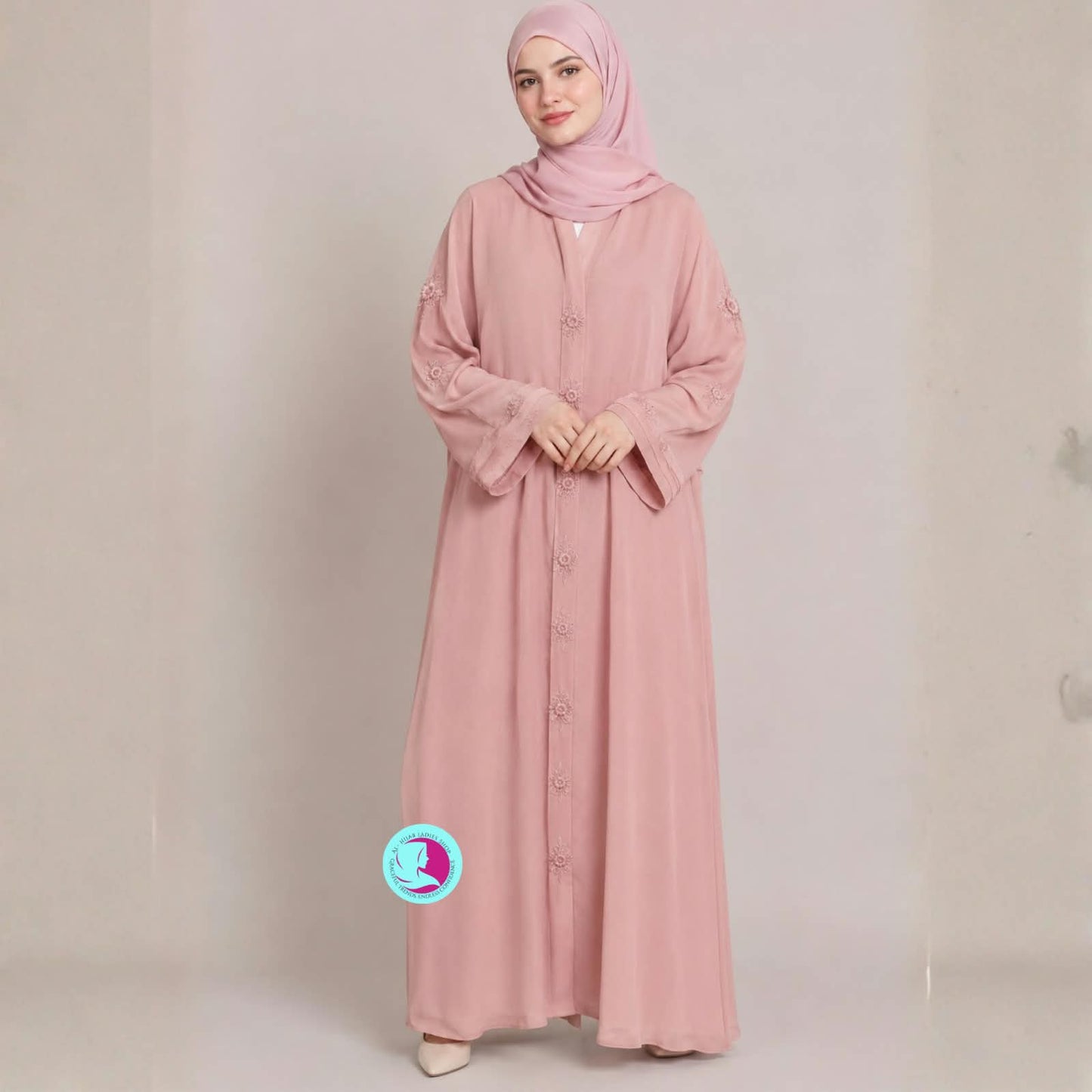Handmade Cutdana Work Front Open Abaya – Premium Georgette Pastel Abaya with Matching Hijab