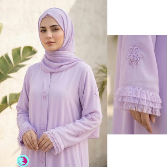 Handmade Cutdana Work Front Open Abaya – Premium Georgette Pastel Abaya with Matching Hijab
