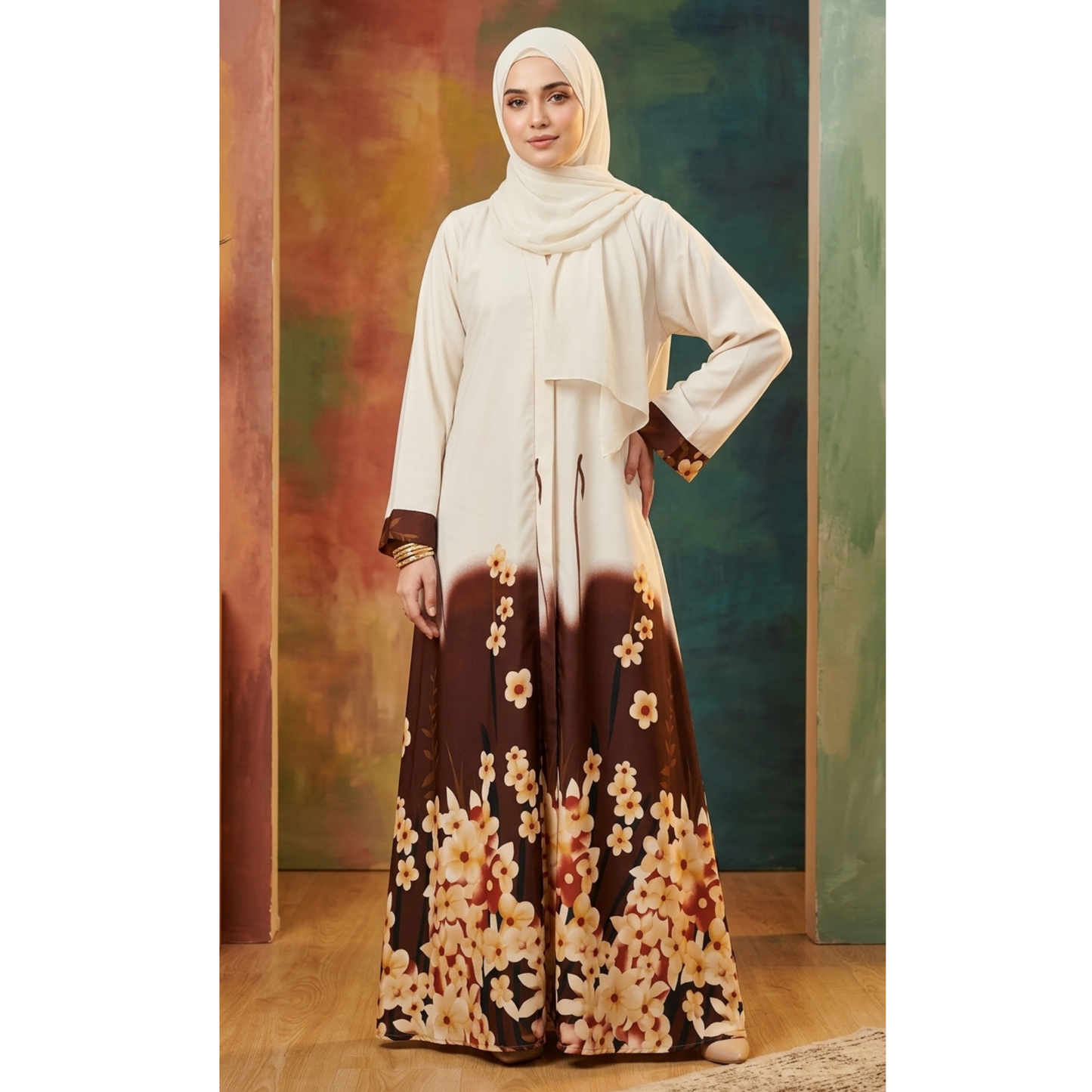 Floral Elegance Front Open Abaya – Nida Fabric