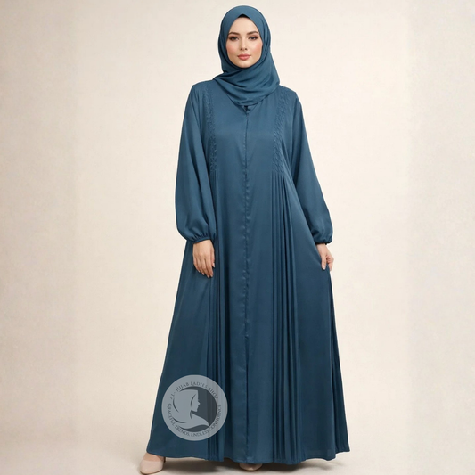 Elegant Front Open Abaya for Women – Modest Pleated Design, Flowy & Comfortable