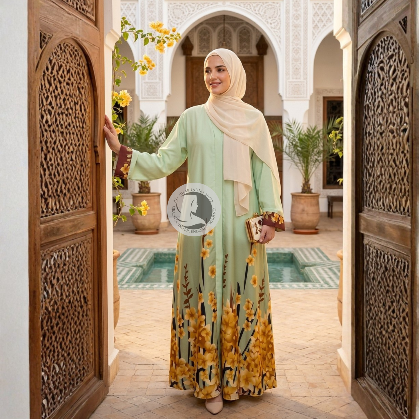 Floral Elegance Front Open Abaya – Nida Fabric