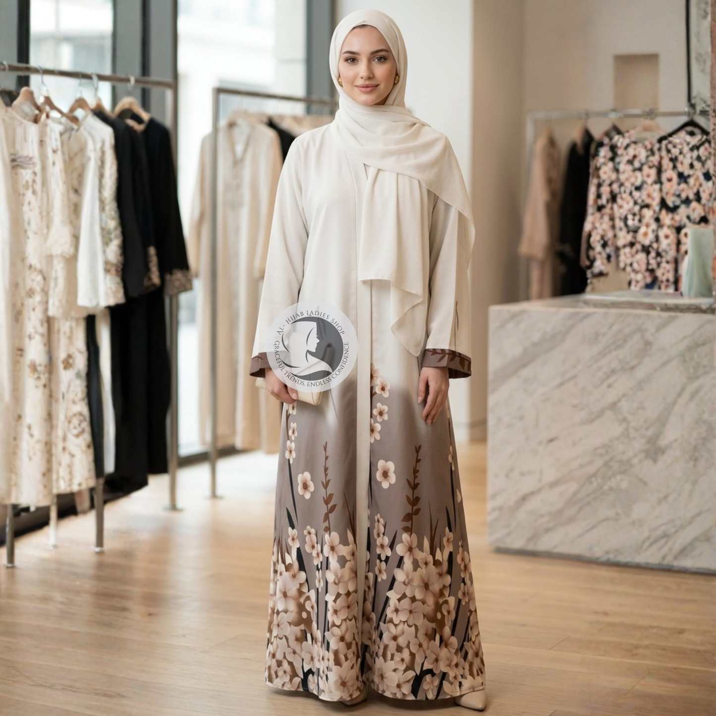 Floral Elegance Front Open Abaya – Nida Fabric
