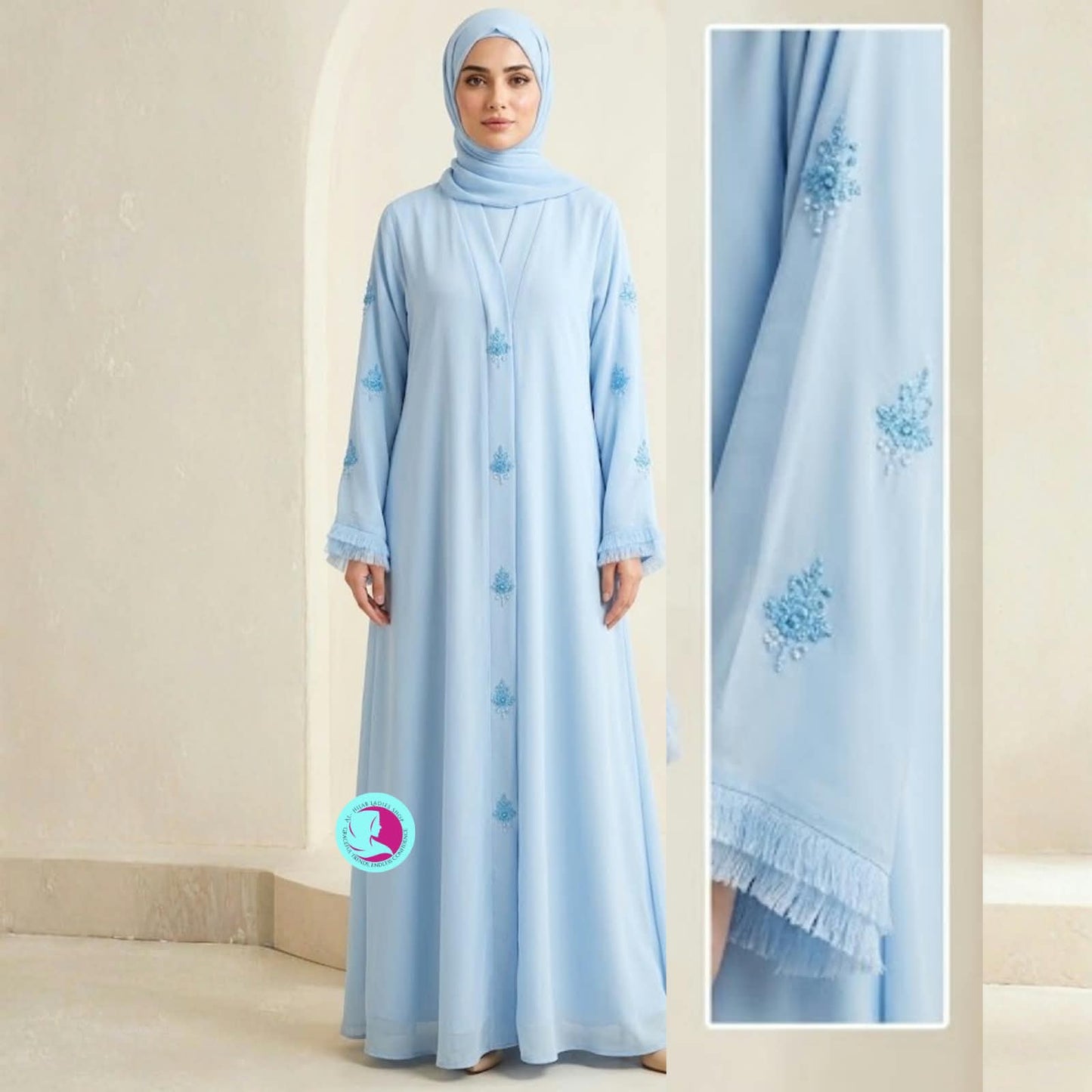 Handmade Cutdana Work Front Open Abaya – Premium Georgette Pastel Abaya with Matching Hijab