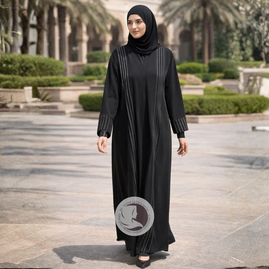 Front Open Korean Nida Abaya for Women – Elegant Black Modest Wear with Pleated Sleeve Detail