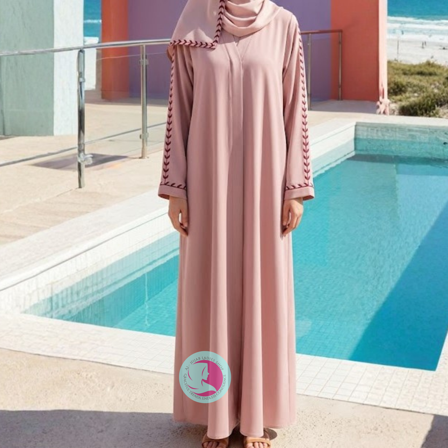 Front Open Embroidered Sleeves Abaya – Premium Romantic Nida Fabric | Elegant Modest Wear