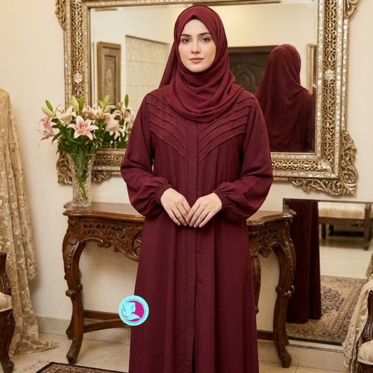 Mouse Georgette Front Open Abaya with Cutdana Work | Al-Hijab